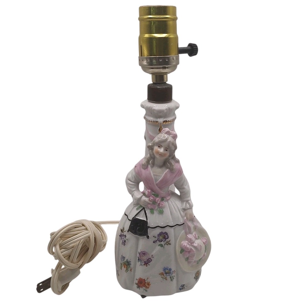 Vintage Dresden Porcelain Desk Lamp Colonial Lady Floral Dress 1950s Works SEE